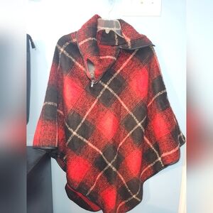 Plaid Red and Black Women's Poncho Sweater